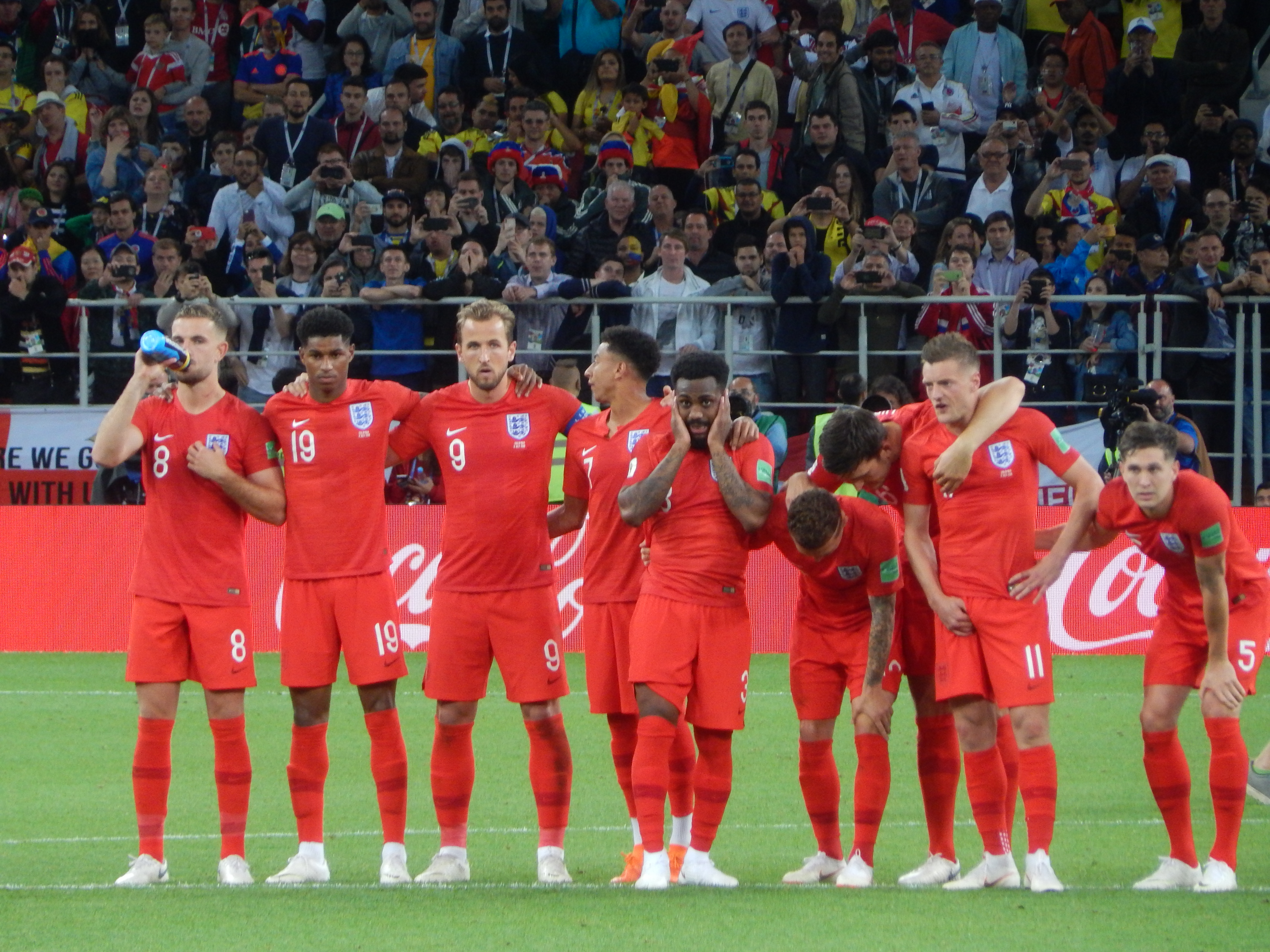 Team England during the penalty shootout against Colombia at the 2018 FIFA World Cup while Harry Kane kicked his penalty kick