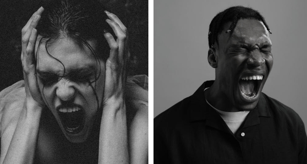 Two black and white portraits side by side, each showing a person screaming in apparent distress, the woman on the left gripping her head with both hands, the man on the right with his eyes screwed shut.
